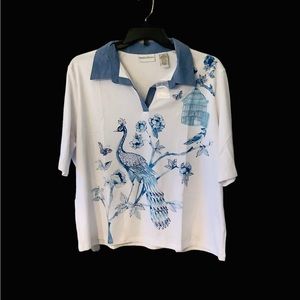 Drapers & Damon’s Shirt Peacock Butterflies Birds Sparkle Blue & White 2X New